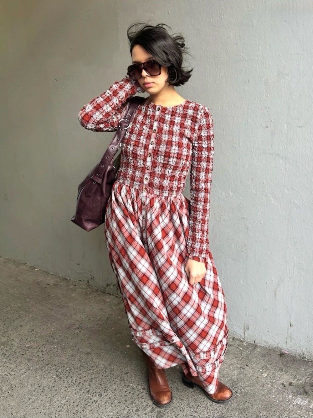 Damson madder posey smocked long sleeve organic cotton midi dress